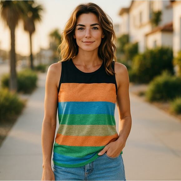 Colorful Women’s Striped Rainbow Tank Top Size Large EUC - Picture 2 of 6